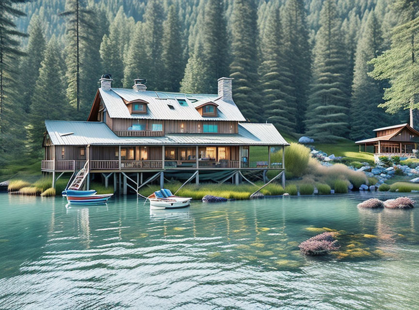 Tranquil lakeside cabin with forest surroundings and boat dock