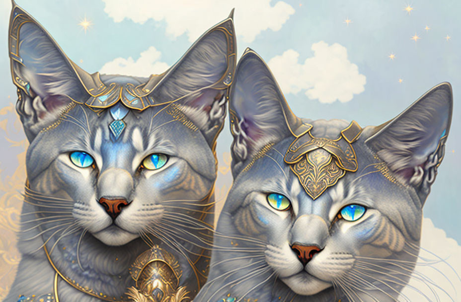 Majestic cats with blue eyes in golden headdresses against cloudy sky.