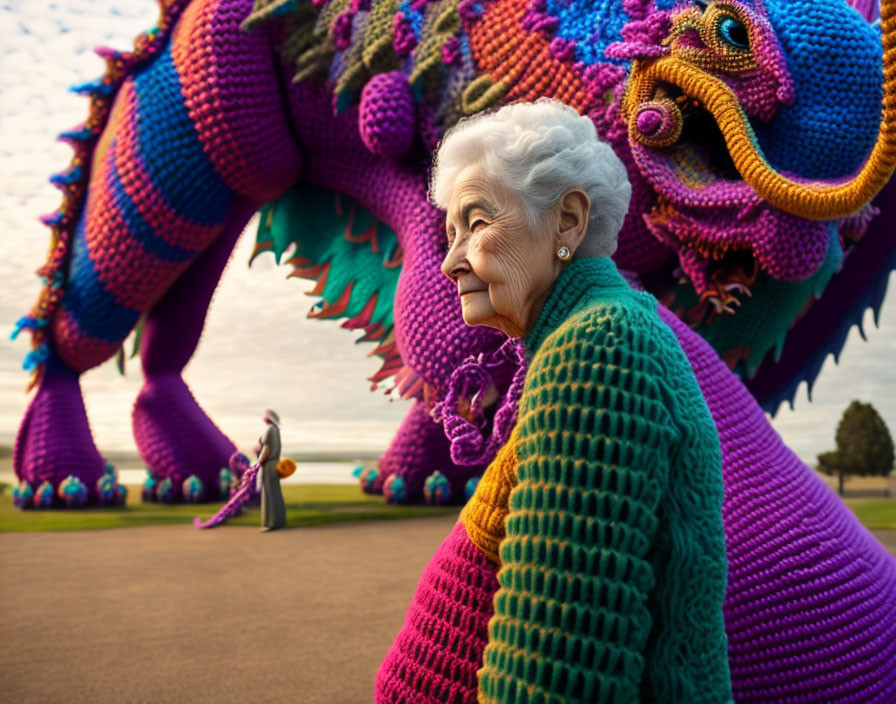 Elderly woman smiles with knitted dragon and balloon in park