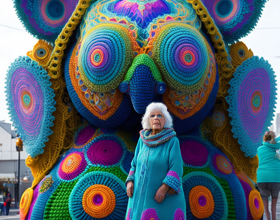 Elderly Woman in Turquoise Sweater with Crocheted Octopus Artwork