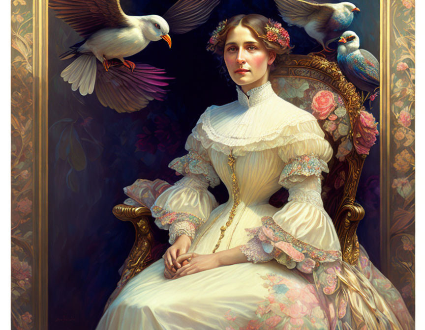 Victorian lady in ornate gown with birds and roses in serene setting