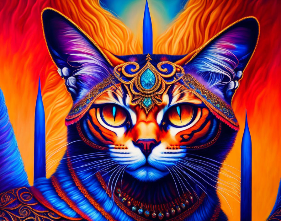 Colorful Psychedelic Cat Artwork with Jewel Adornments on Fiery Background