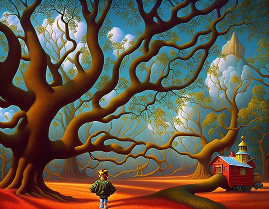 Surreal landscape with person, giant trees, red schoolhouse on wheels