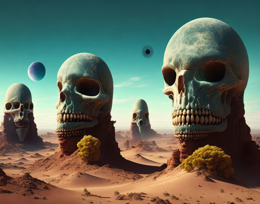 Surreal desert landscape: floating skull formations, red sand dunes, dual moons