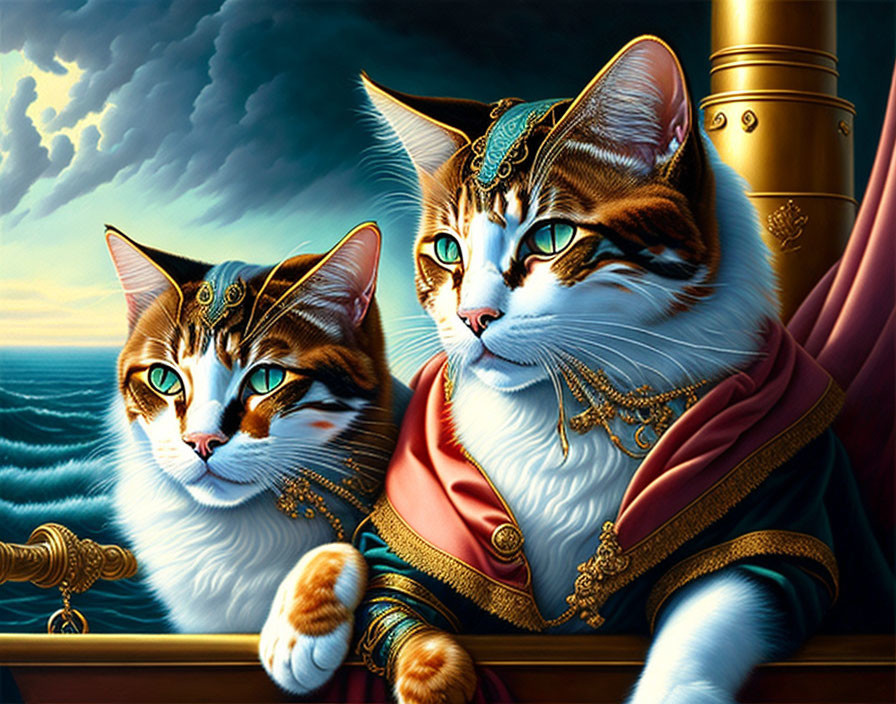 Regal cats in Renaissance attire by stormy sea