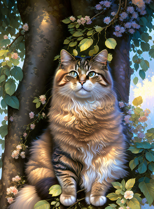 Fluffy tabby cat with blue eyes in nature setting