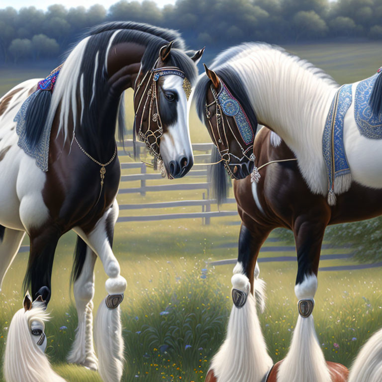 Majestic horses with decorative tack in serene meadow