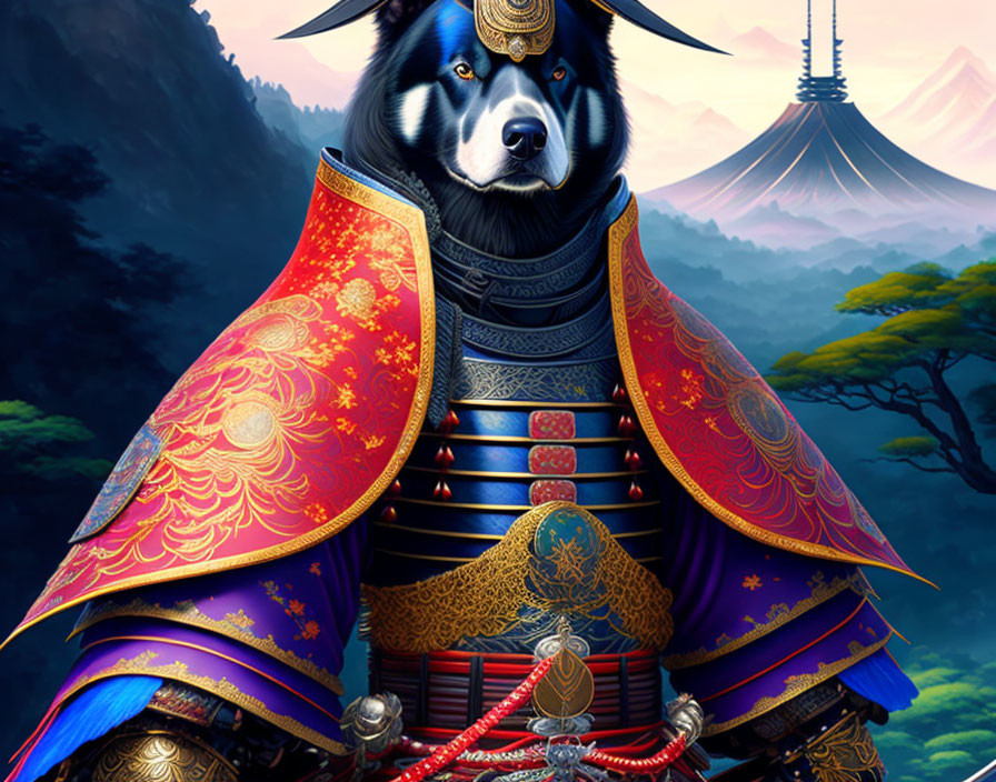 Detailed illustration: Majestic dog in Japanese samurai armor, mountains & pagoda.