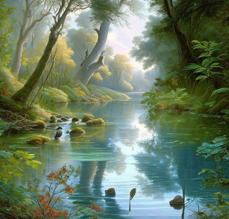 Tranquil forest scene with lush greenery, serene river, and moss-covered stones