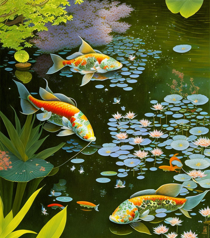 Colorful koi fish in tranquil pond with lotus flowers and lily pads