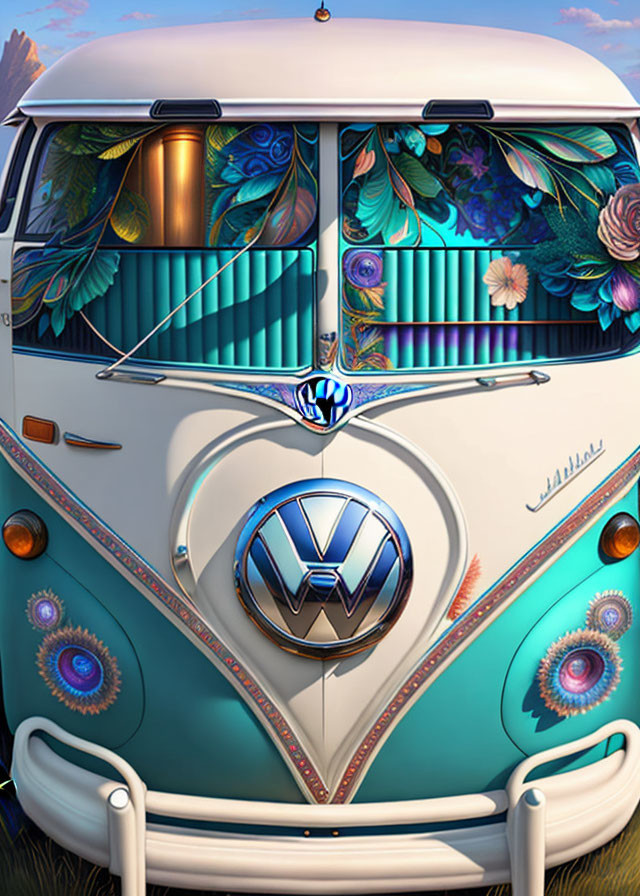 Colorful Peacock Themed Volkswagen Bus Artwork