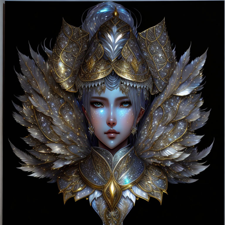 Fantasy artwork of character with pale skin, blue eyes, silver hair, golden armor, and feather