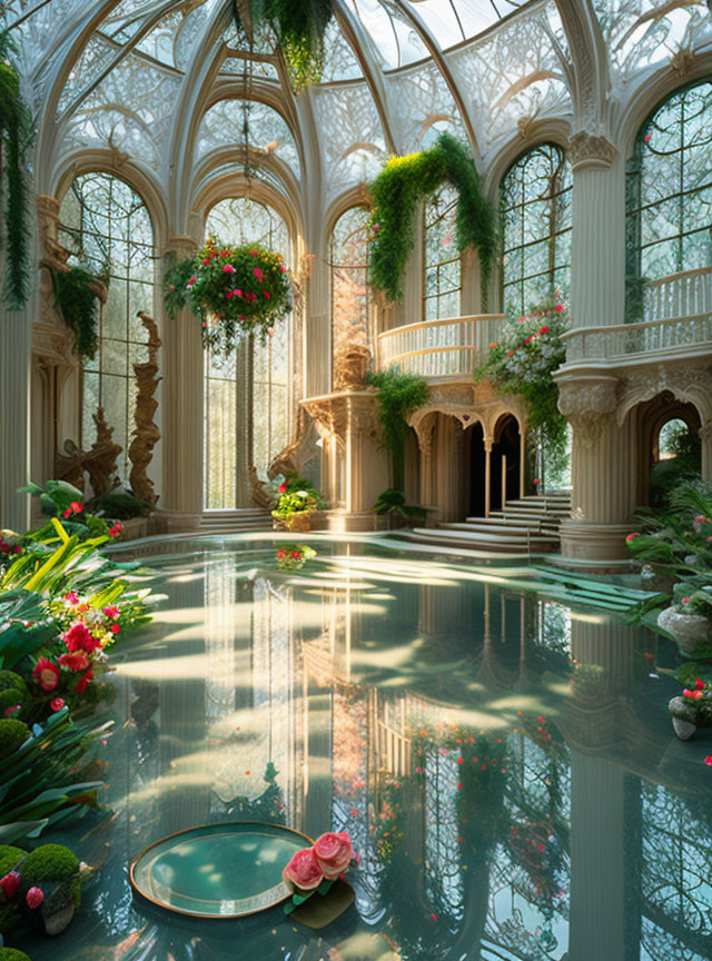 Tranquil greenhouse with lush plants and reflective pond under ornate glass ceiling