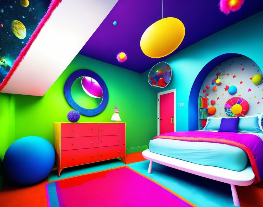 Colorful Kids' Room with Celestial Decor and Space-Themed Elements