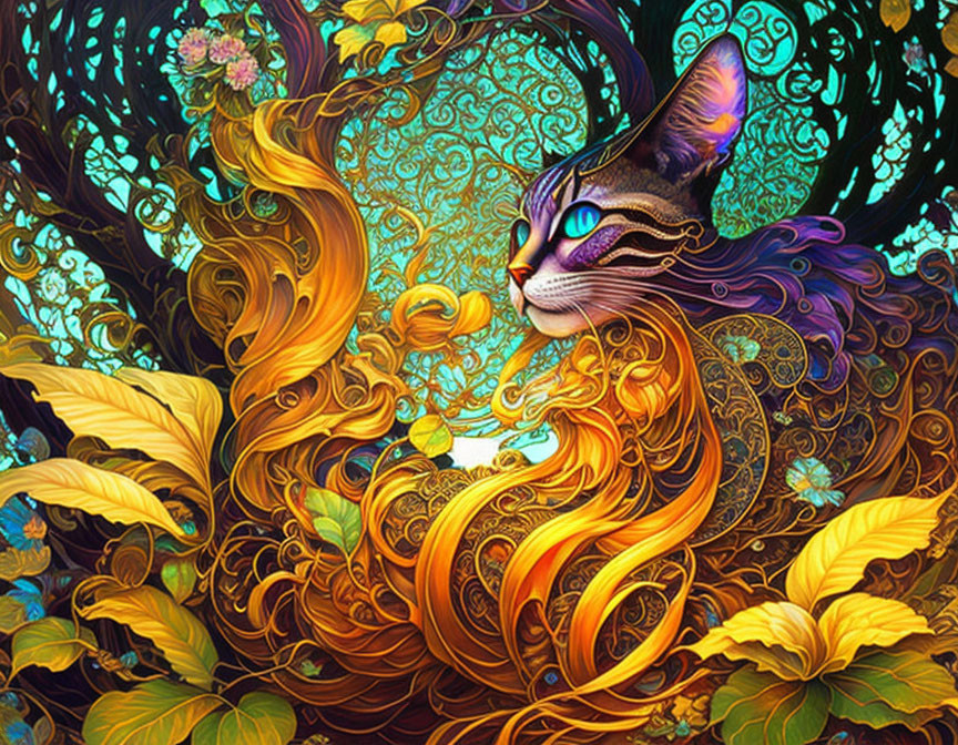 Colorful stylized cat in autumnal backdrop with elaborate patterns.