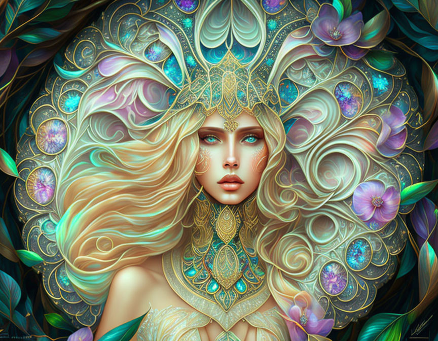 Fantastical artwork of woman with golden hair and ornate headpiece