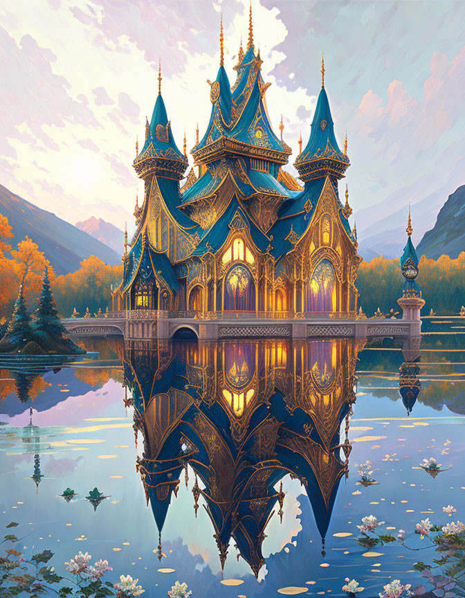 Majestic castle with spires reflected in serene autumnal lake