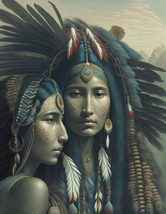 Illustration: Two women in Native American headdresses with feather and bead adornments, against mountain backdrop