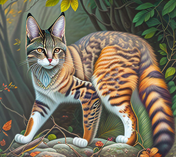 Colorful Cat Illustration in Lush Forest Setting