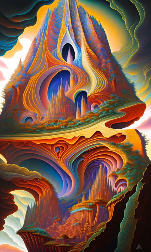 Colorful surreal artwork: Organic mountain-like structure with warm hues and cool blue accents