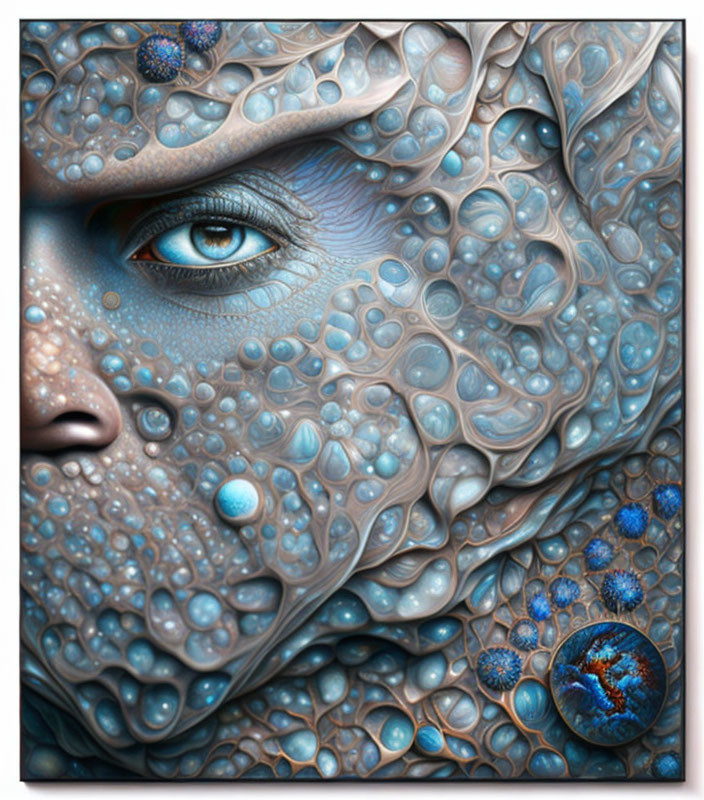 Detailed artistic depiction of textured blue-patterned swirls surrounding a human eye.