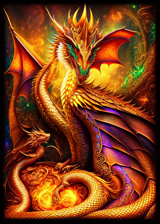 Golden dragon with ornate scales in cosmic backdrop