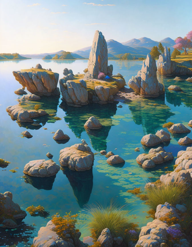 Tranquil landscape with blue waters, towering rocks, greenery, and pink blossoms