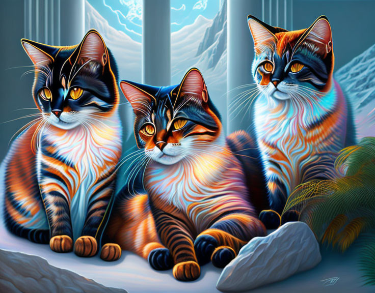 Three stylized cats with blue accents against mountain backdrop