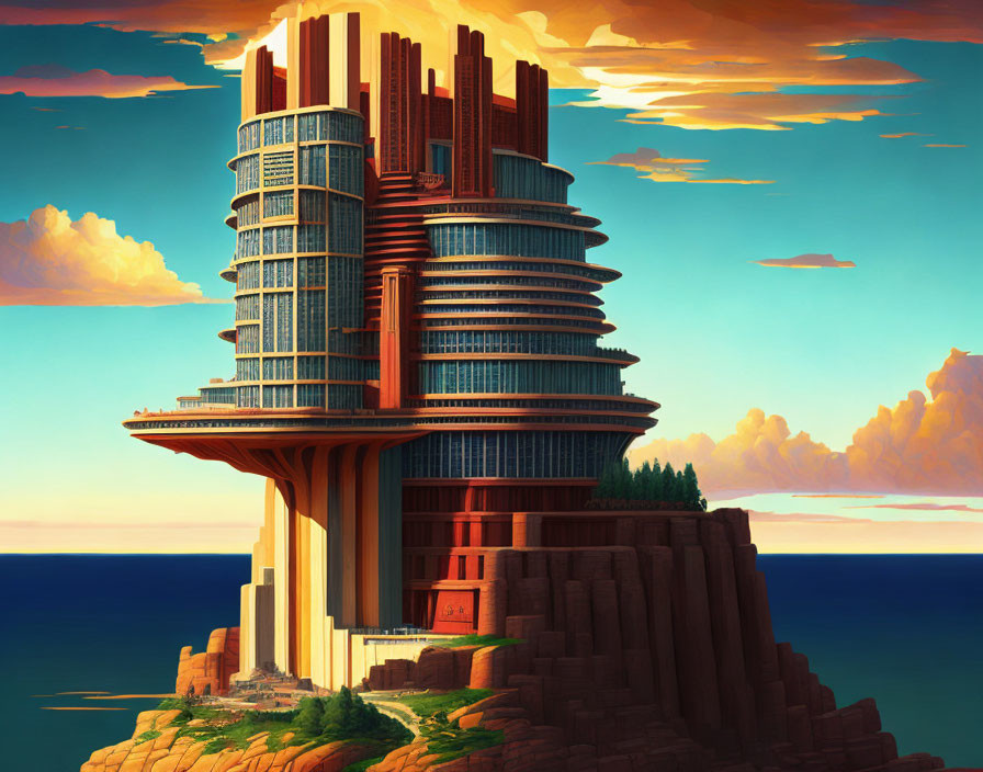 Futuristic multi-tiered building on cliff with modern and art deco design overlooking sea under vivid sky