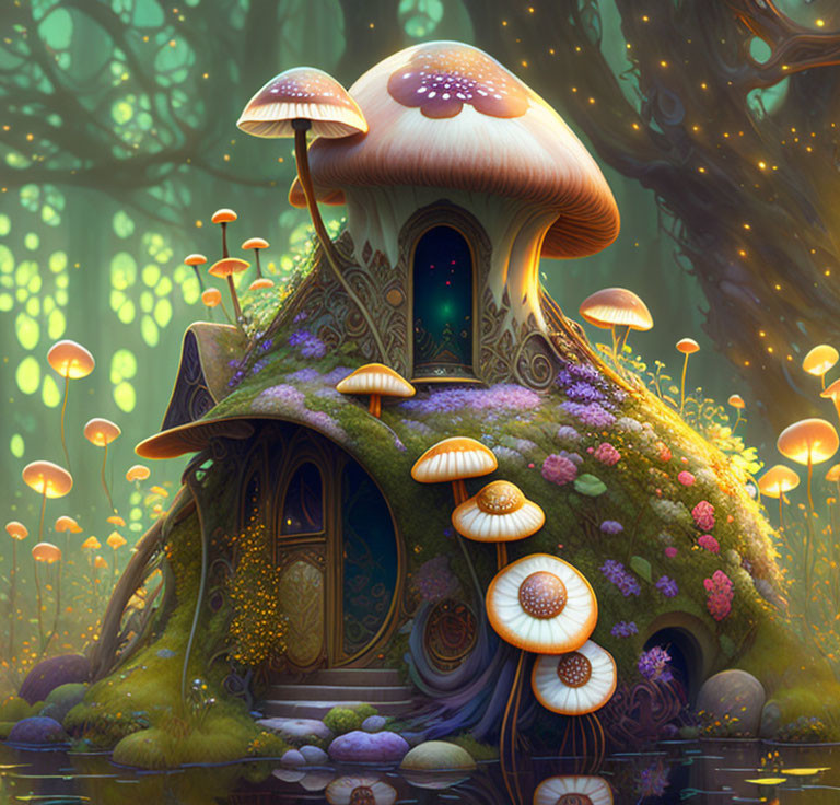 Enchanted forest scene with whimsical mushroom house