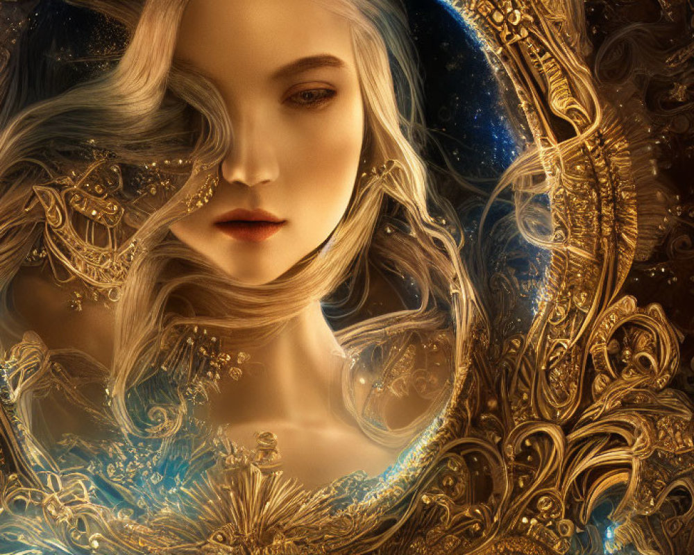 Pale-skinned woman with flowing hair and gold filigree and cosmic designs.