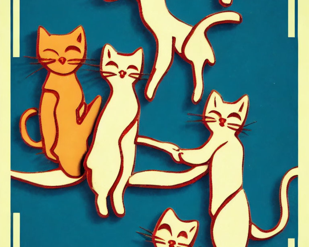 Playful cats in retro teal and yellow poses