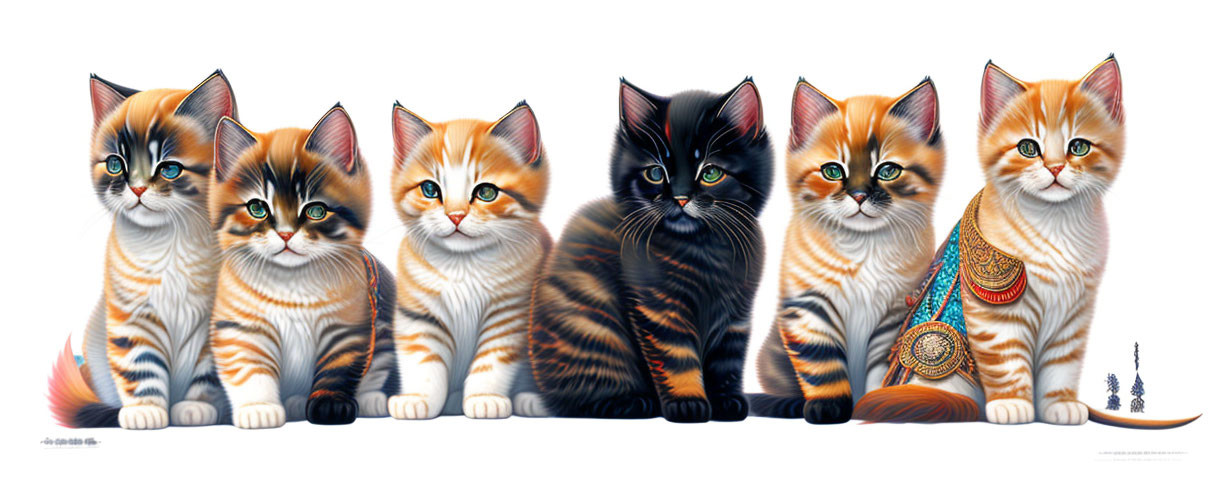 Seven kittens with unique fur patterns and colors in a row