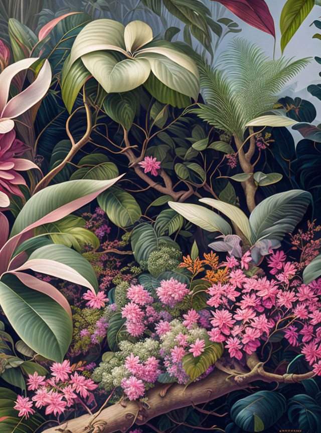 Vibrant tropical forest scene with pink flowers and lush green leaves