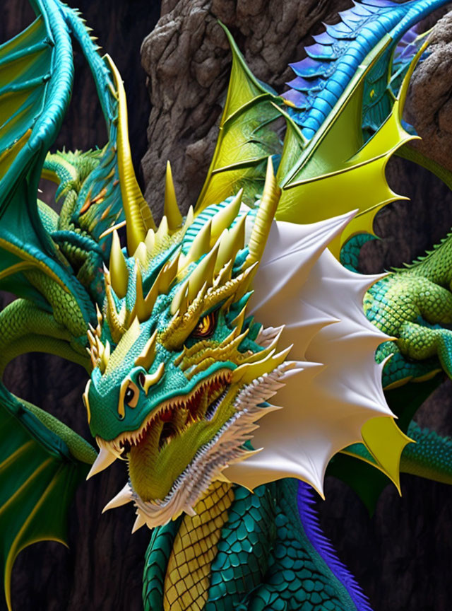 Detailed Green and Blue Dragon with Expansive Wings on Rocky Background