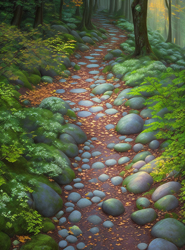 Mystical forest path with large stones and lush greenery