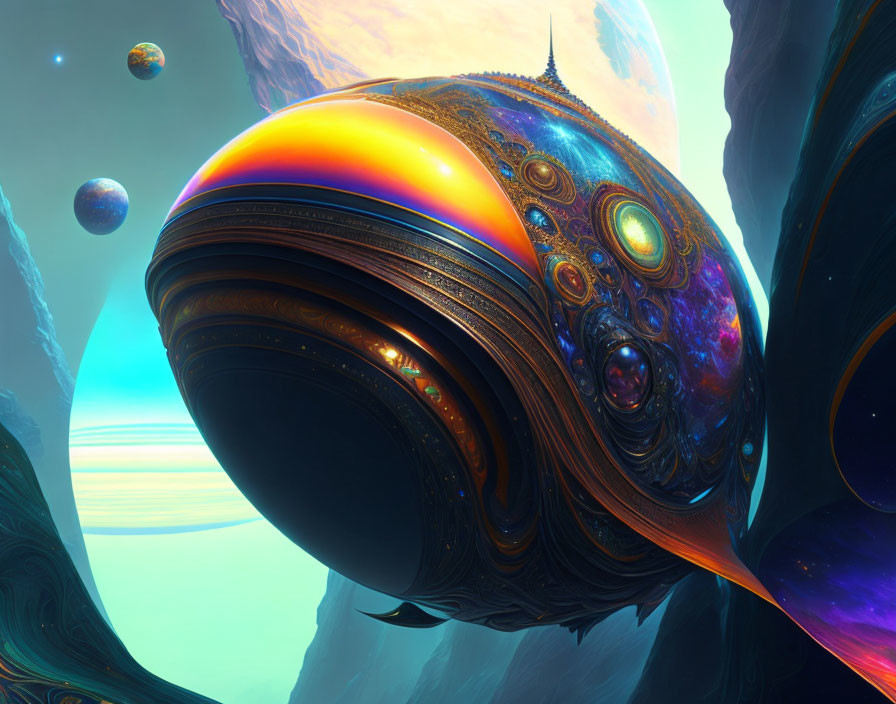 Colorful surreal artwork: Ornate spherical object among alien rock formations