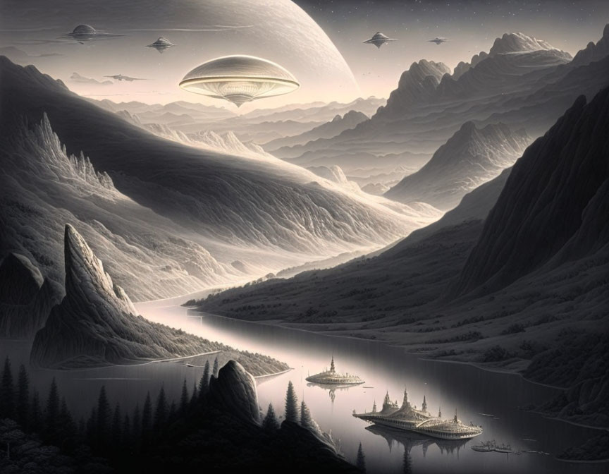 Monochromatic sci-fi landscape with mountains, river, futuristic buildings, and UFO