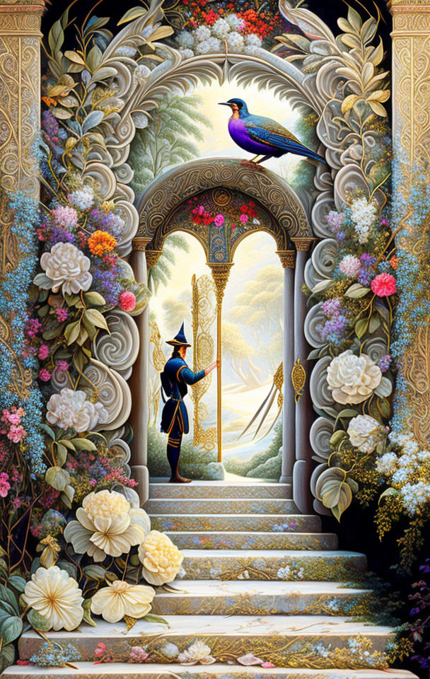 Colorful Bird and Cloaked Figure in Vibrant Archway Illustration