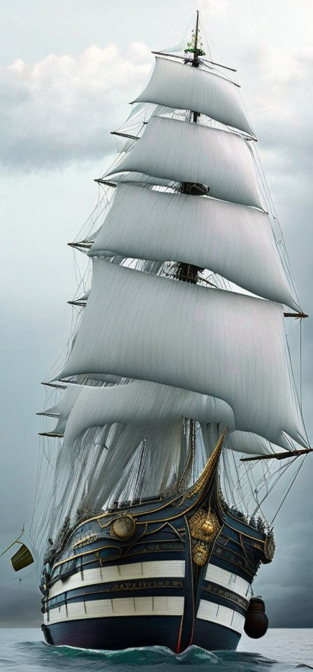 Tall ship with white sails, gold trim, and dark hull on cloudy sky.