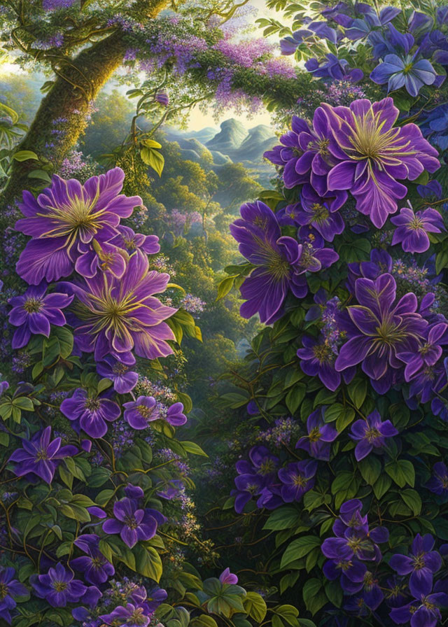 Serene forest landscape with purple flowers, greenery, misty mountains, and soft sunlight