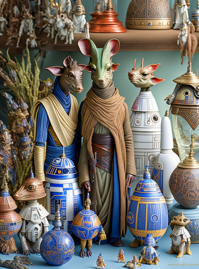 Star Wars alien figures with droids, pottery, and plants display