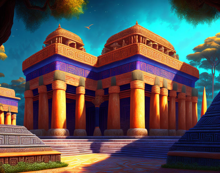 Digital Art: Ancient temple with colossal columns in warm sunset ambiance