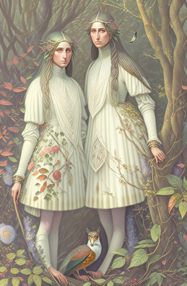 Two women in white dresses in forest with bird and owl.