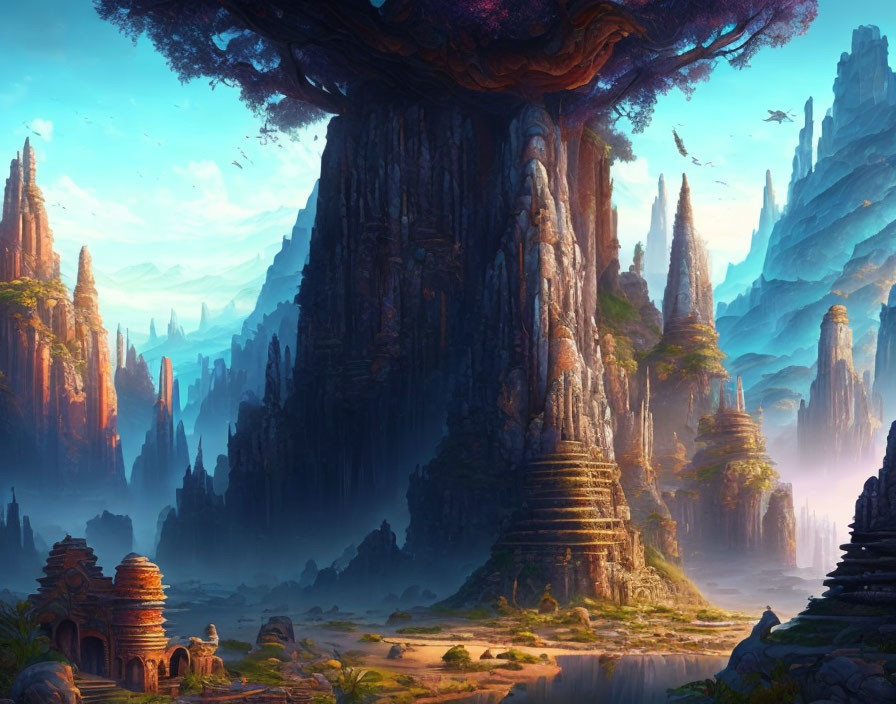 Mystical landscape with towering rock formations, tree, ruins, and flying dragon at dawn