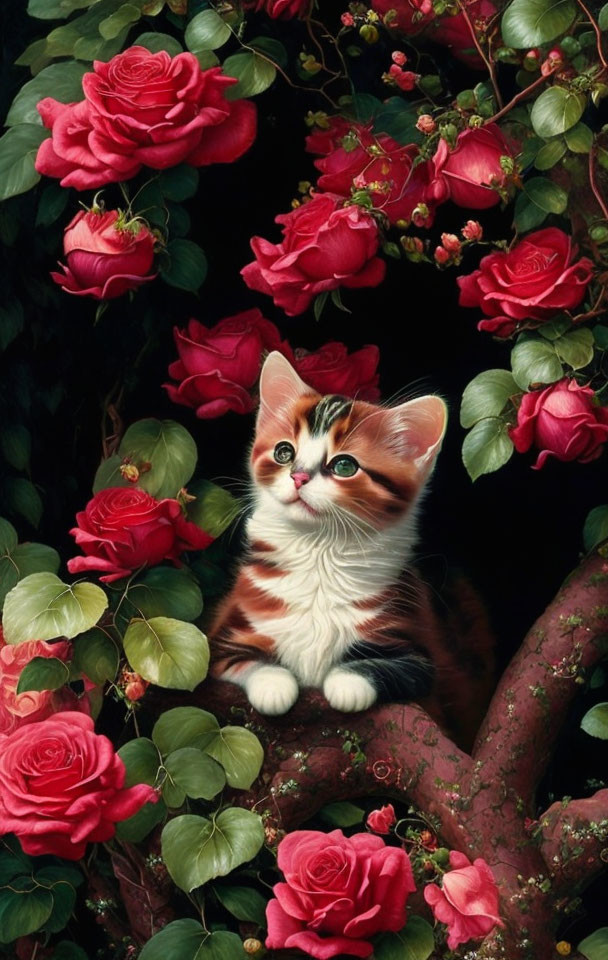 Curious Kitten Surrounded by Red Roses and Green Leaves