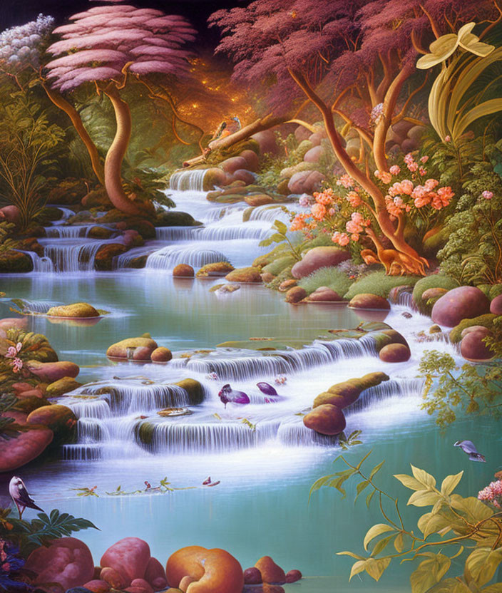 Fantasy landscape with waterfalls, vibrant flora, and mystical atmosphere