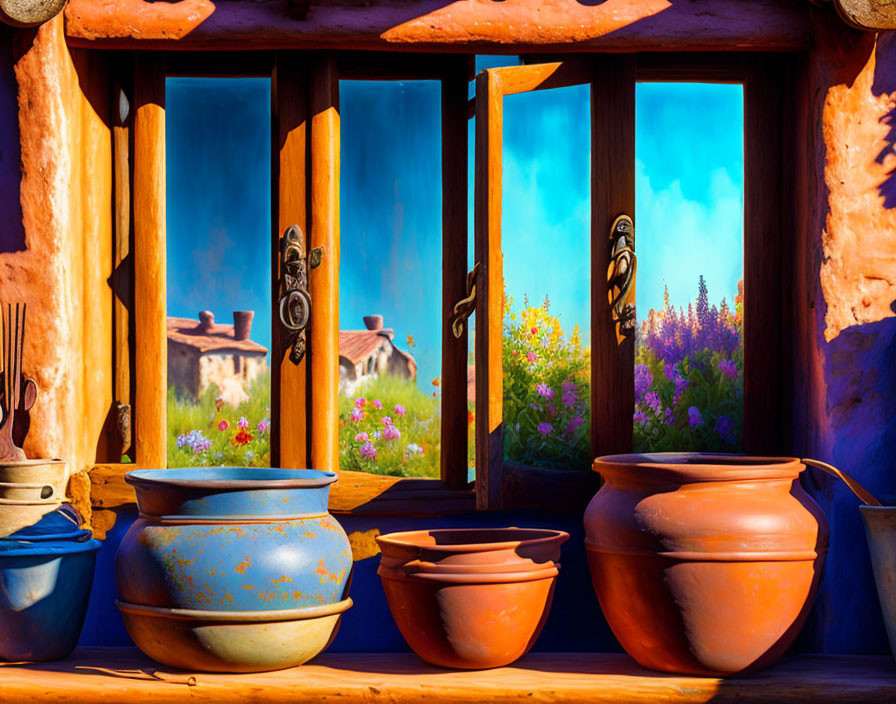 Colorful clay pots and wildflowers seen through open window