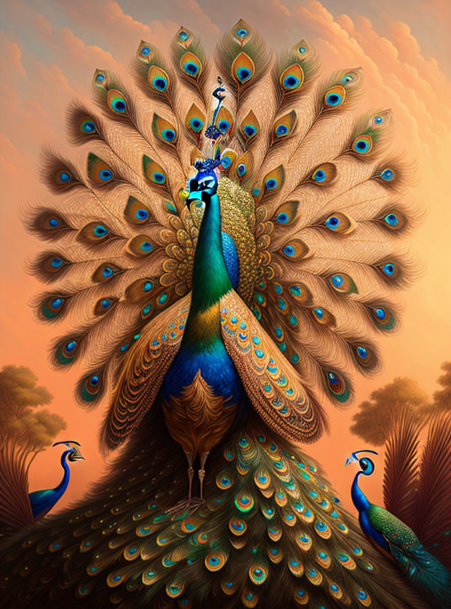 Majestic peacock displaying vibrant feathers in orange sky