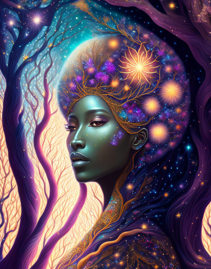 Cosmic-themed surreal portrait of a woman with flowing night sky hair